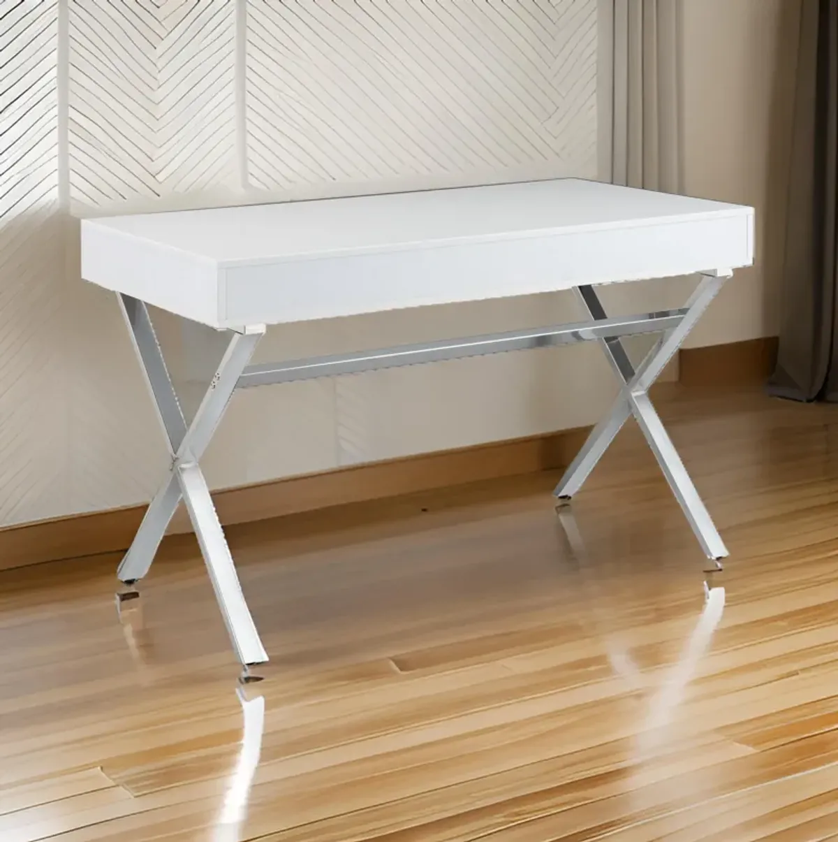 Gracie 47 Inch Desk, White Rectangular Top, 2 Drawers, Chrome Metal Legs - Benzara