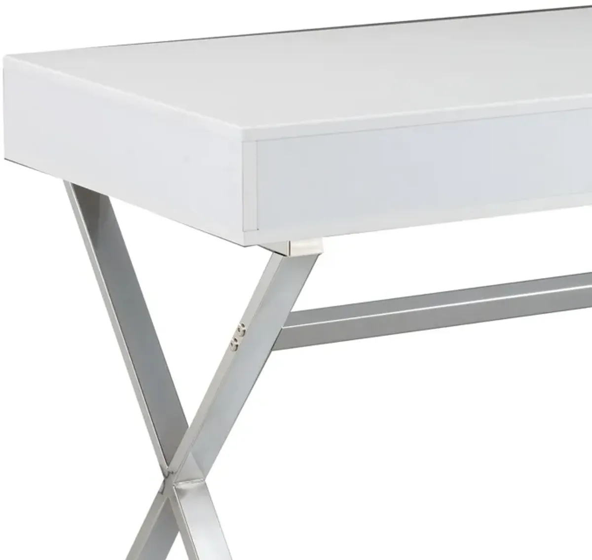 Gracie 47 Inch Desk, White Rectangular Top, 2 Drawers, Chrome Metal Legs - Benzara