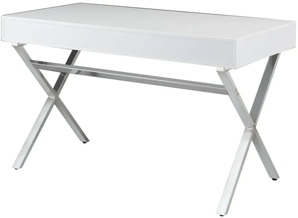 Gracie 47 Inch Desk, White Rectangular Top, 2 Drawers, Chrome Metal Legs - Benzara