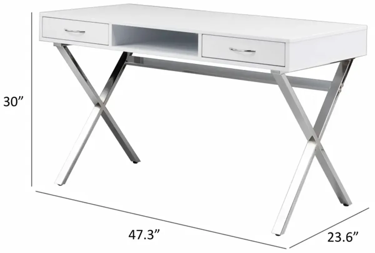 Gracie 47 Inch Desk, White Rectangular Top, 2 Drawers, Chrome Metal Legs - Benzara