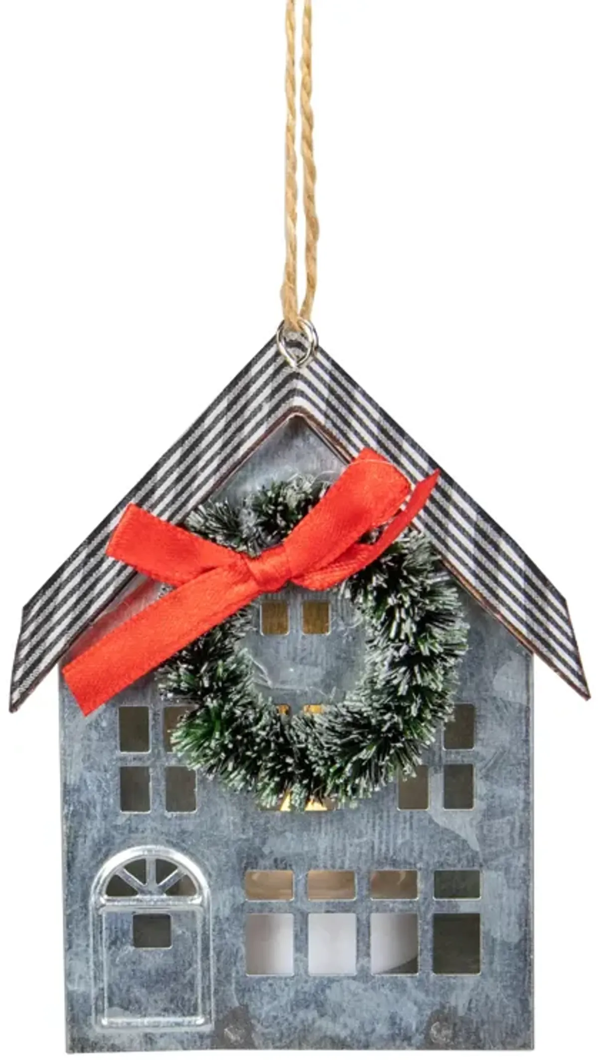 3.5" LED Lighted Galvanized House with Wreath Christmas Ornament