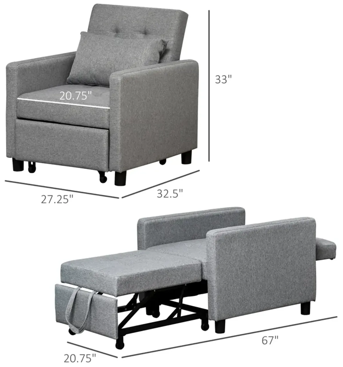 Recliner Sofa Sleeper Chair with 3 Adjustable Backrest Angles and 4 Wheels