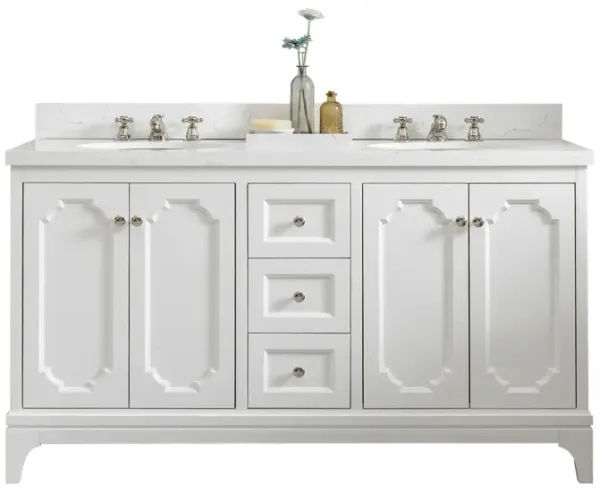 Queen 60 In. Double Sink Sink Carrara Quartz Countertop Bath Vanity in Pure White with Polished Nickel (PVD) Hardware
