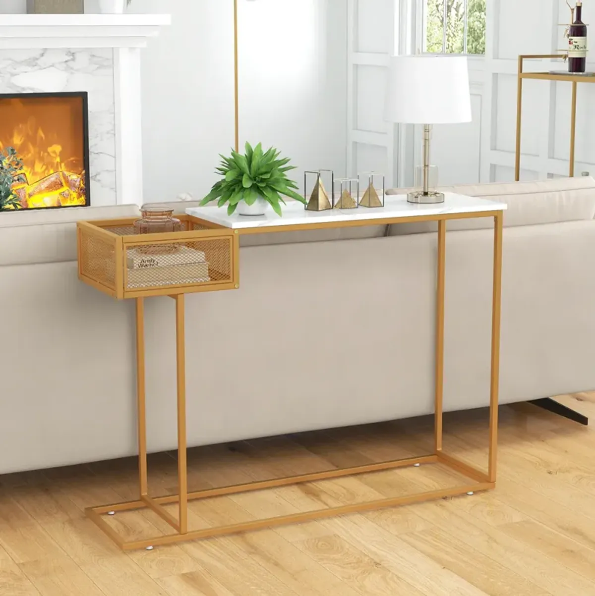 Rectangular White Faux Marble Console Table with Storage-Gold