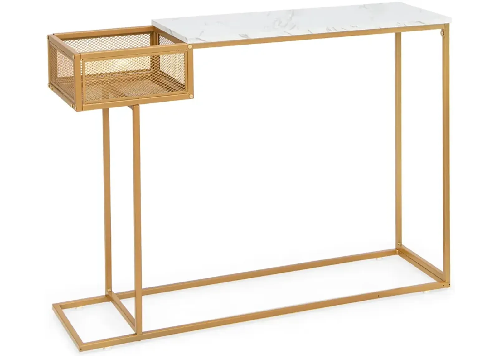 Rectangular White Faux Marble Console Table with Storage-Gold