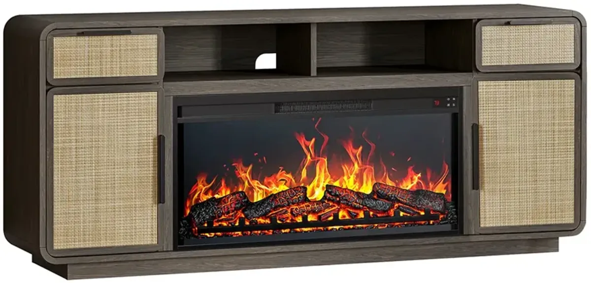 BELLEZE 68" TV Stand for TV Up to 75", Entertainment Center with 36" Electric Fireplace Heater, Rattan Decorated Console Table Storage Cabinet for Living Room, Bedroom - Bower(Brown)