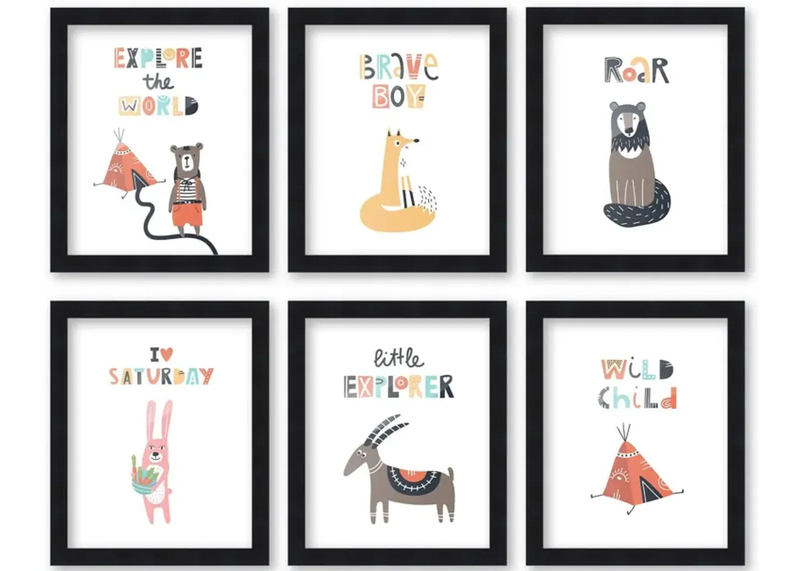 8x10 Framed Nursery Wall Art Set of 6 Hand Drawn Little Explorer Camping Prints in Black Wood Frames