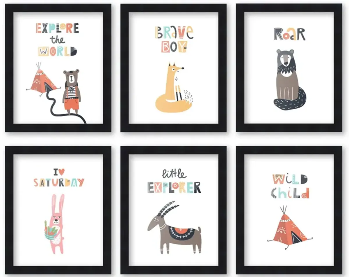 8x10 Framed Nursery Wall Art Set of 6 Hand Drawn Little Explorer Camping Prints in Black Wood Frames