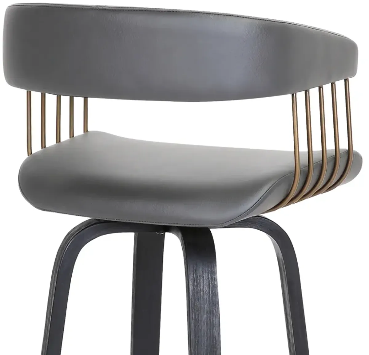 Topanga  Swivel Black Wood Counter Stool in Grey Faux Leather with Golden Bronze Metal