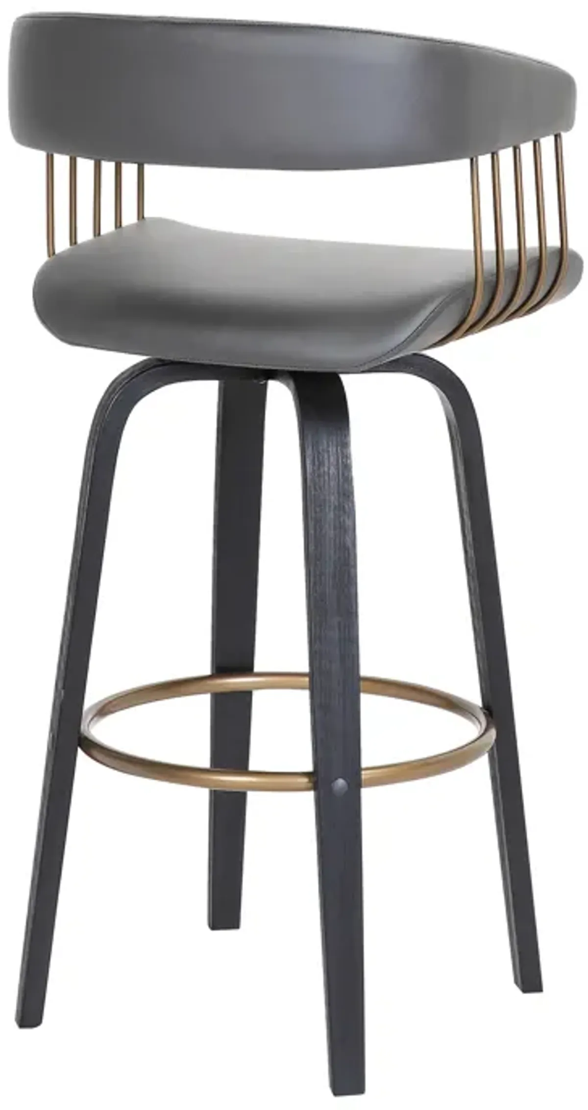 Topanga  Swivel Black Wood Counter Stool in Grey Faux Leather with Golden Bronze Metal