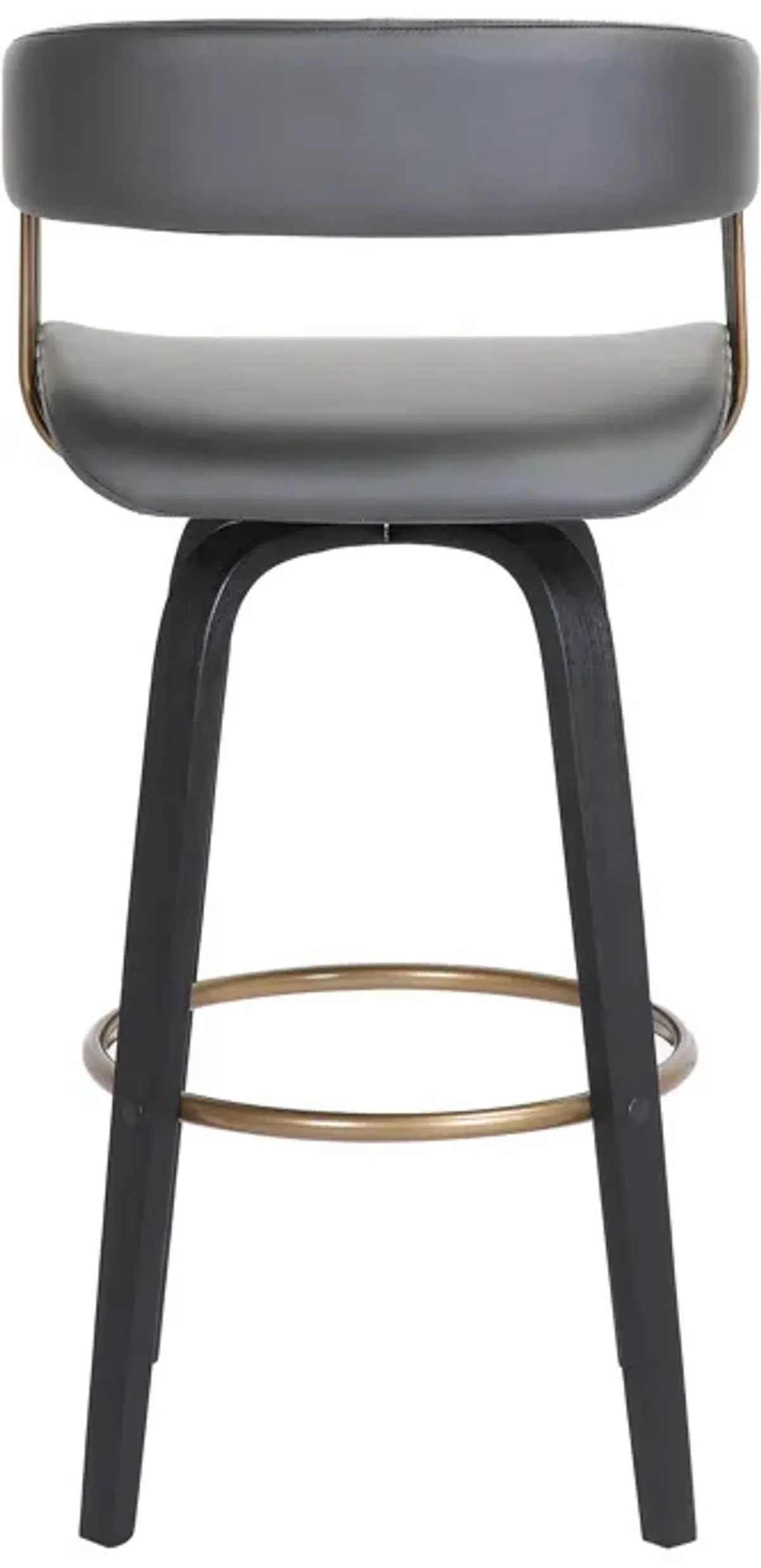 Topanga  Swivel Black Wood Counter Stool in Grey Faux Leather with Golden Bronze Metal