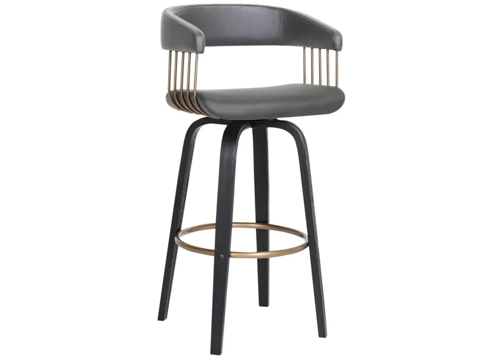 Topanga  Swivel Black Wood Counter Stool in Grey Faux Leather with Golden Bronze Metal