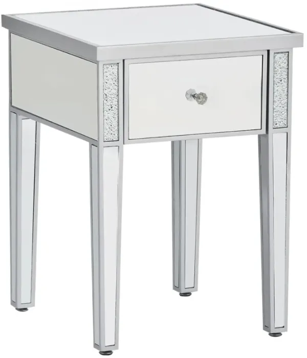 Modern Glass Mirrored End Table With Drawer, Corner Table With Crystal Handles And Adjustable