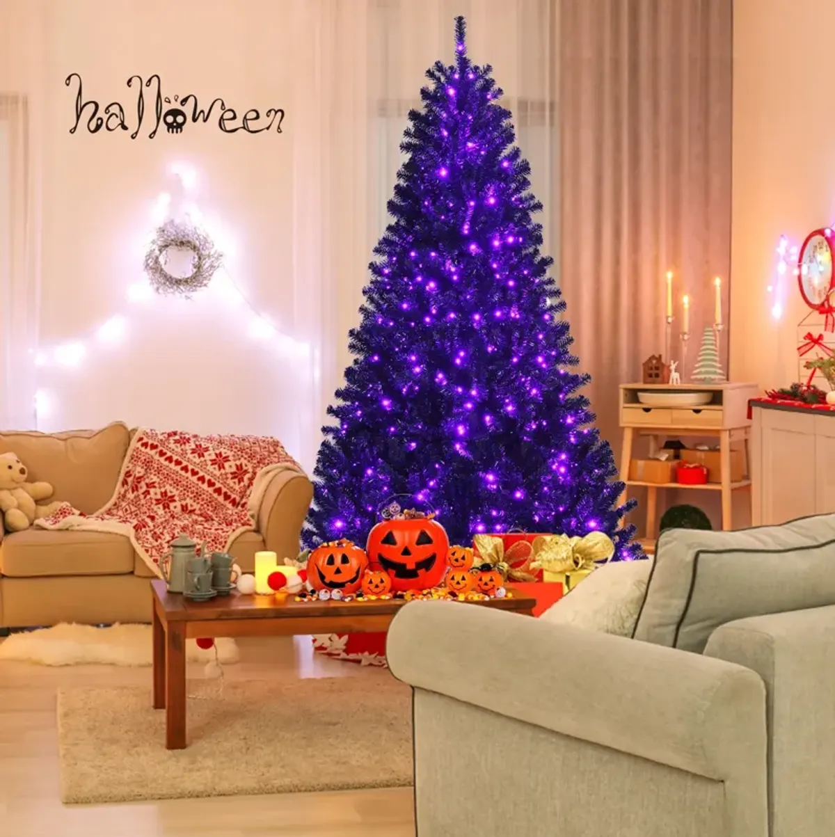 Artificial Christmas Halloween Tree with Purple LED Lights for Spooky and Festive Holiday Decor