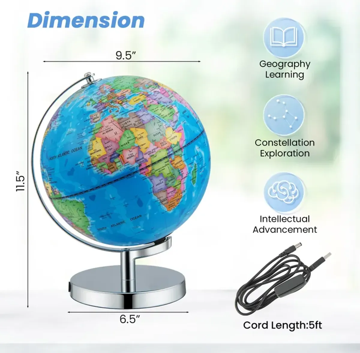 3-in-1 Illuminated World Globe with Stand and  88 Constellations