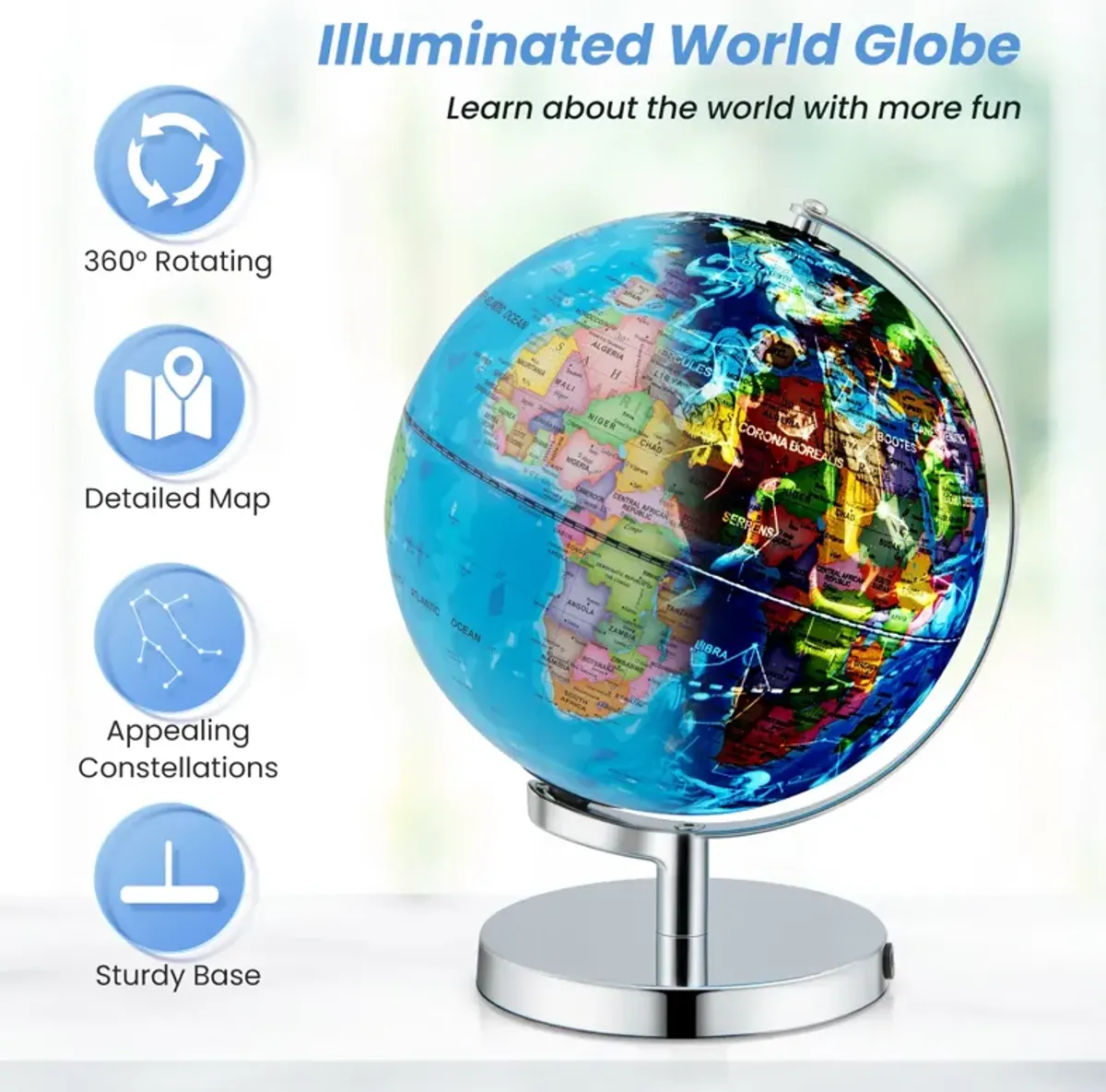 3-in-1 Illuminated World Globe with Stand and  88 Constellations