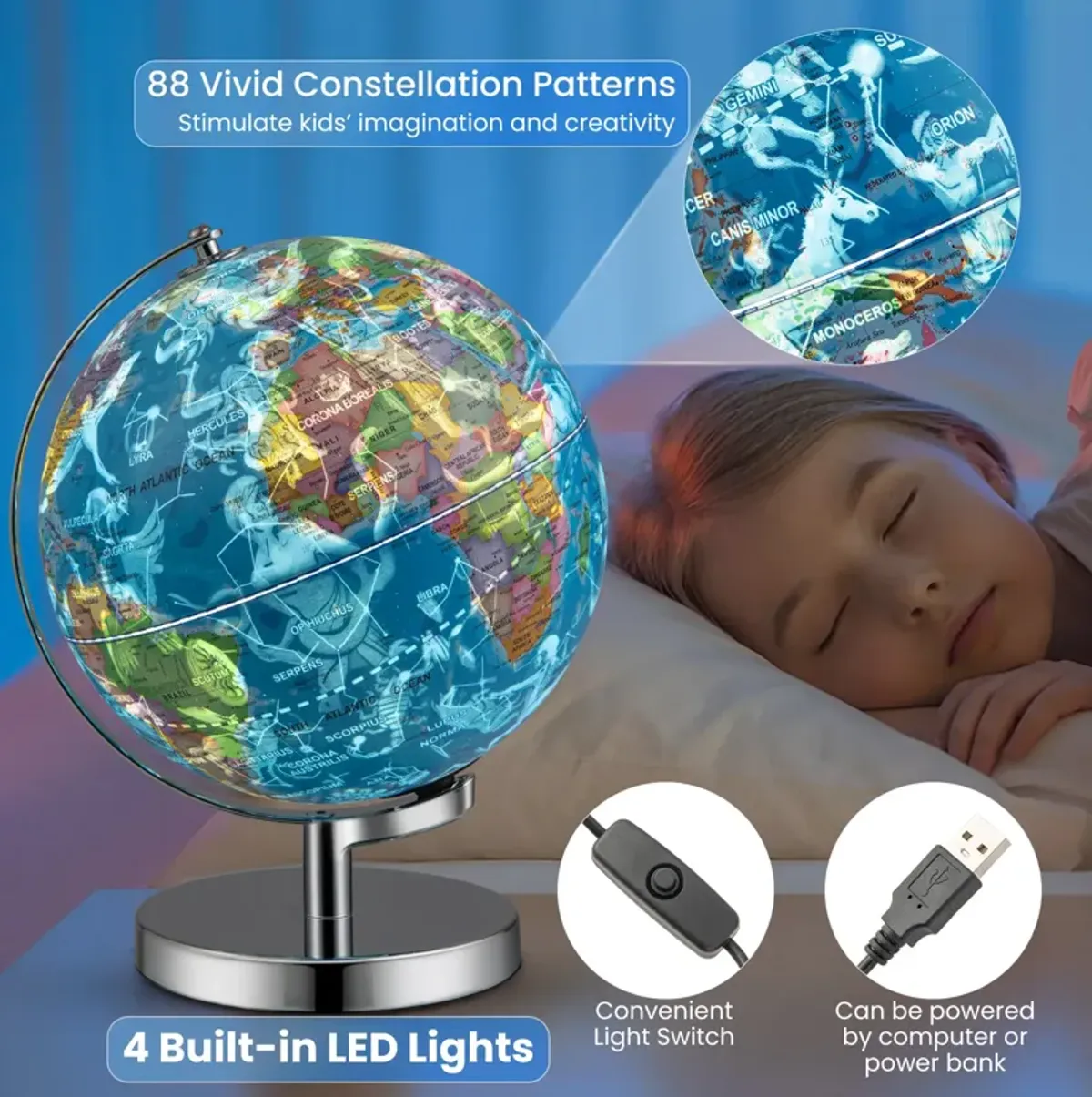 3-in-1 Illuminated World Globe with Stand and  88 Constellations