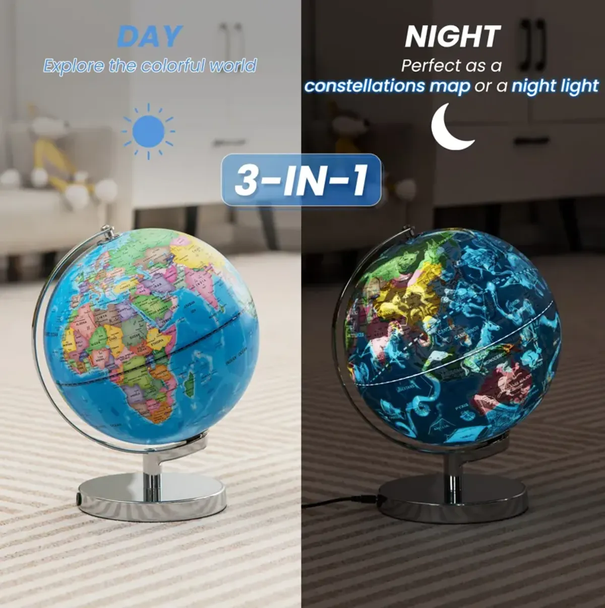 3-in-1 Illuminated World Globe with Stand and  88 Constellations