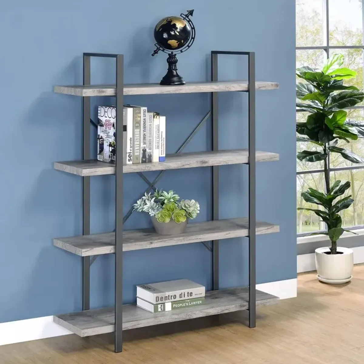 Cole 4-Shelf Bookcase Grey Driftwood and Gunmetal