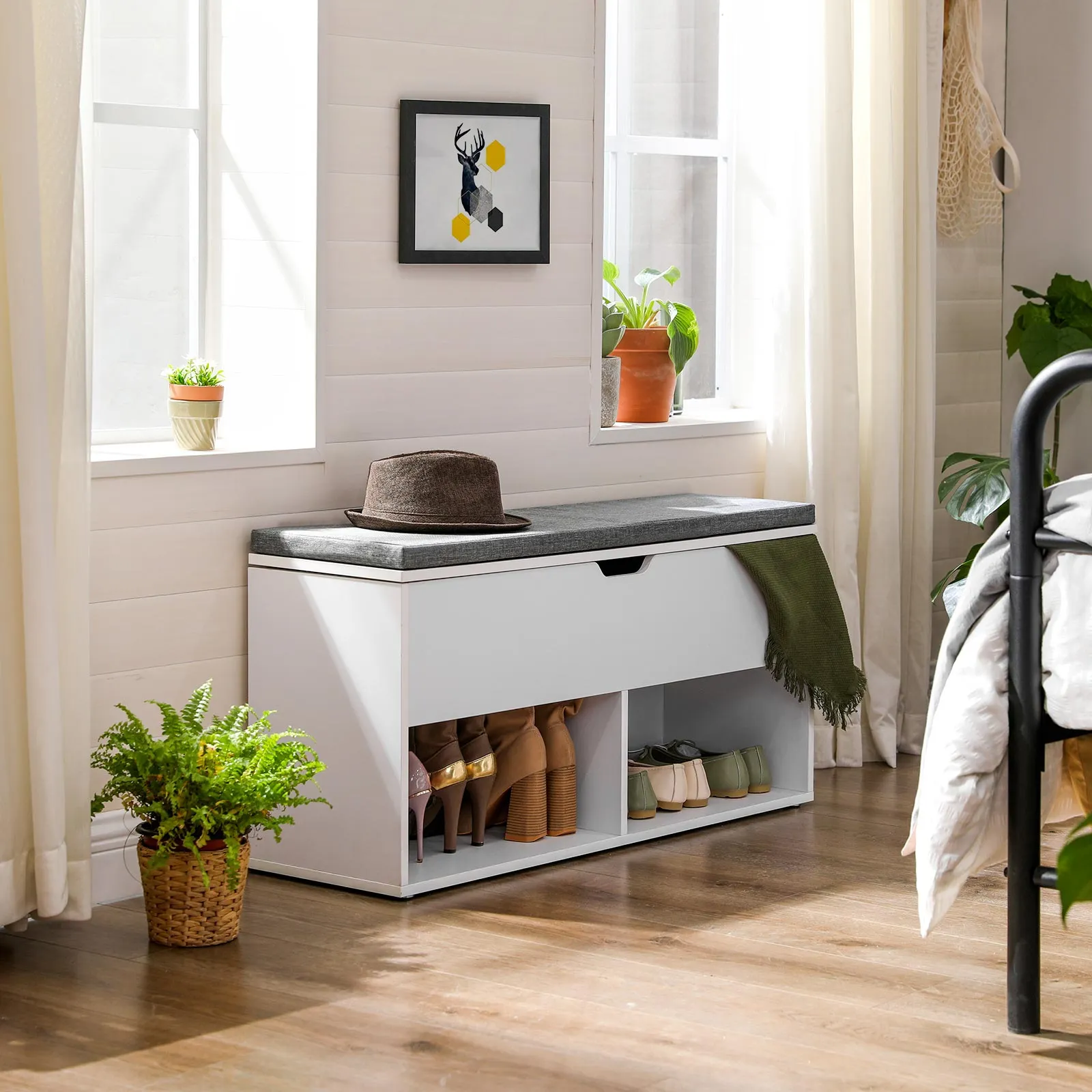 Shoe Bench, Storage Bench with 2 Open and 1 Closed Compartments, Shoe Shelf, Padded Seat, for Entryway, Living Room, Bedroom, White and Gray ULHS21WT