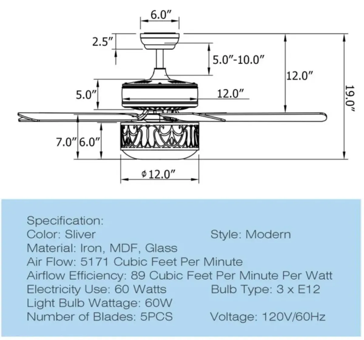 Hivvago 52 Inch Ceiling Fan with Light Reversible Blade and Adjustable Speed