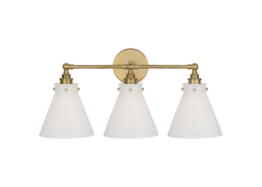 Parkington 24" Three Light Bath Bar in Antique-Burnished Brass with White Glass