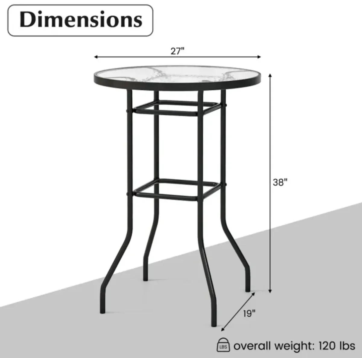 Hivvago 38 Inch Patio Bar Table with Tempered Glass Tabletop