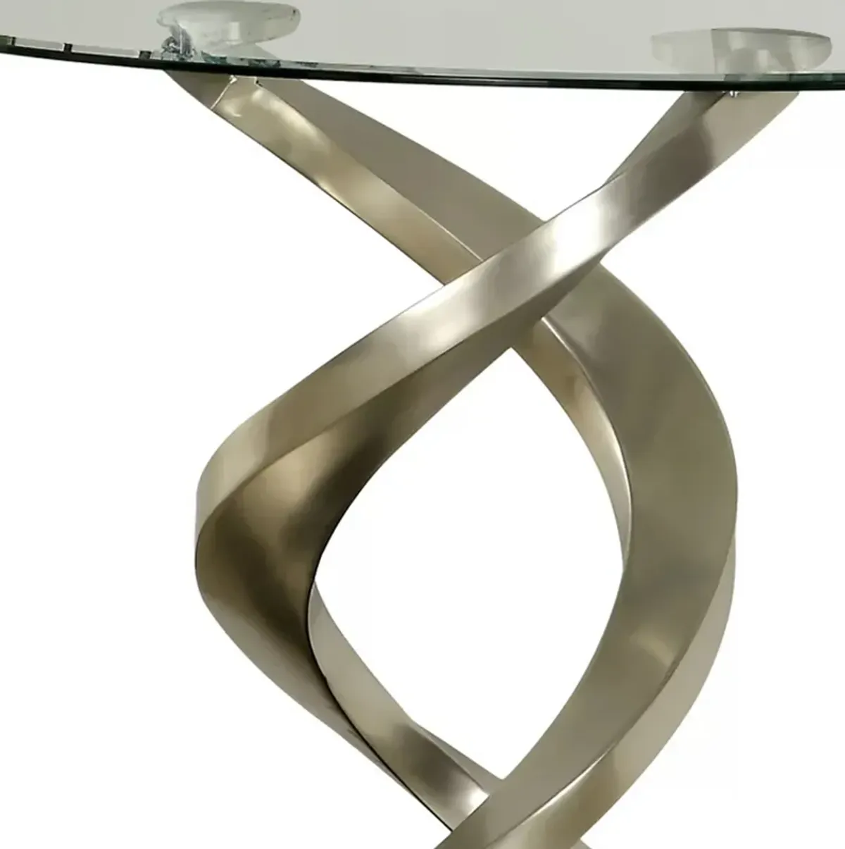 Sofa Table with Twisted Metal Base and Semi Circular Glass Top, Silver-Benzara