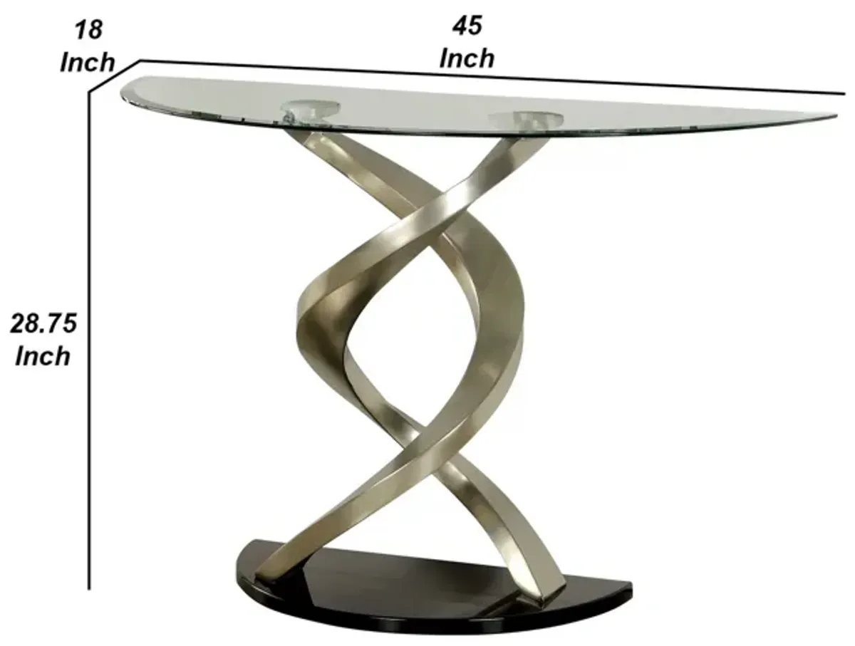 Sofa Table with Twisted Metal Base and Semi Circular Glass Top, Silver-Benzara