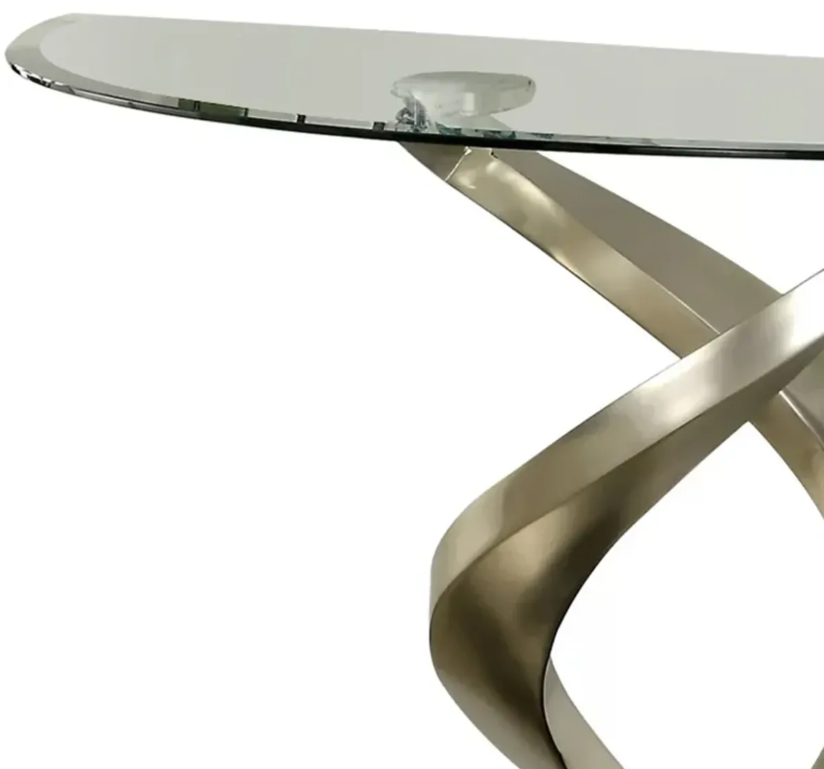 Sofa Table with Twisted Metal Base and Semi Circular Glass Top, Silver-Benzara