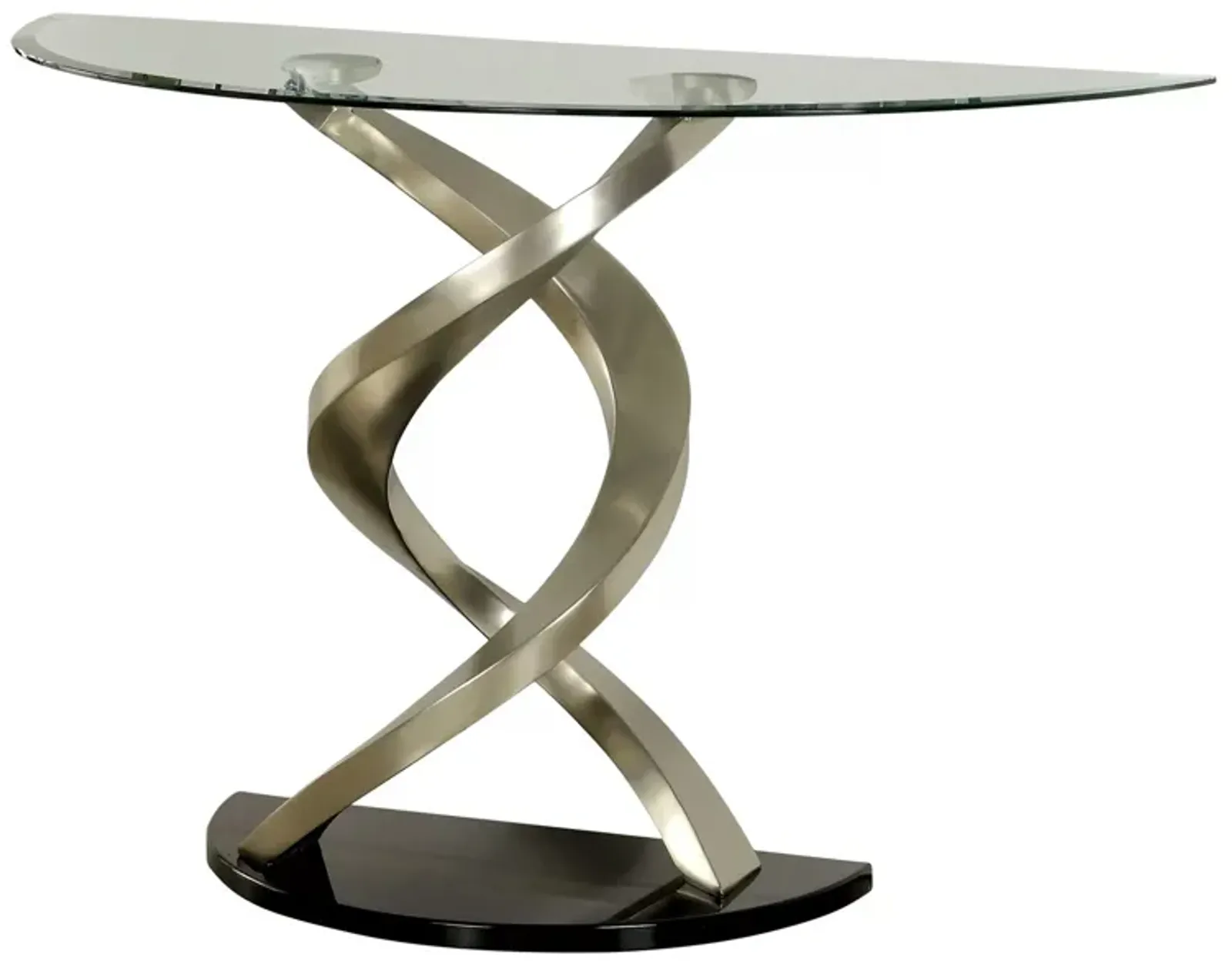 Sofa Table with Twisted Metal Base and Semi Circular Glass Top, Silver-Benzara