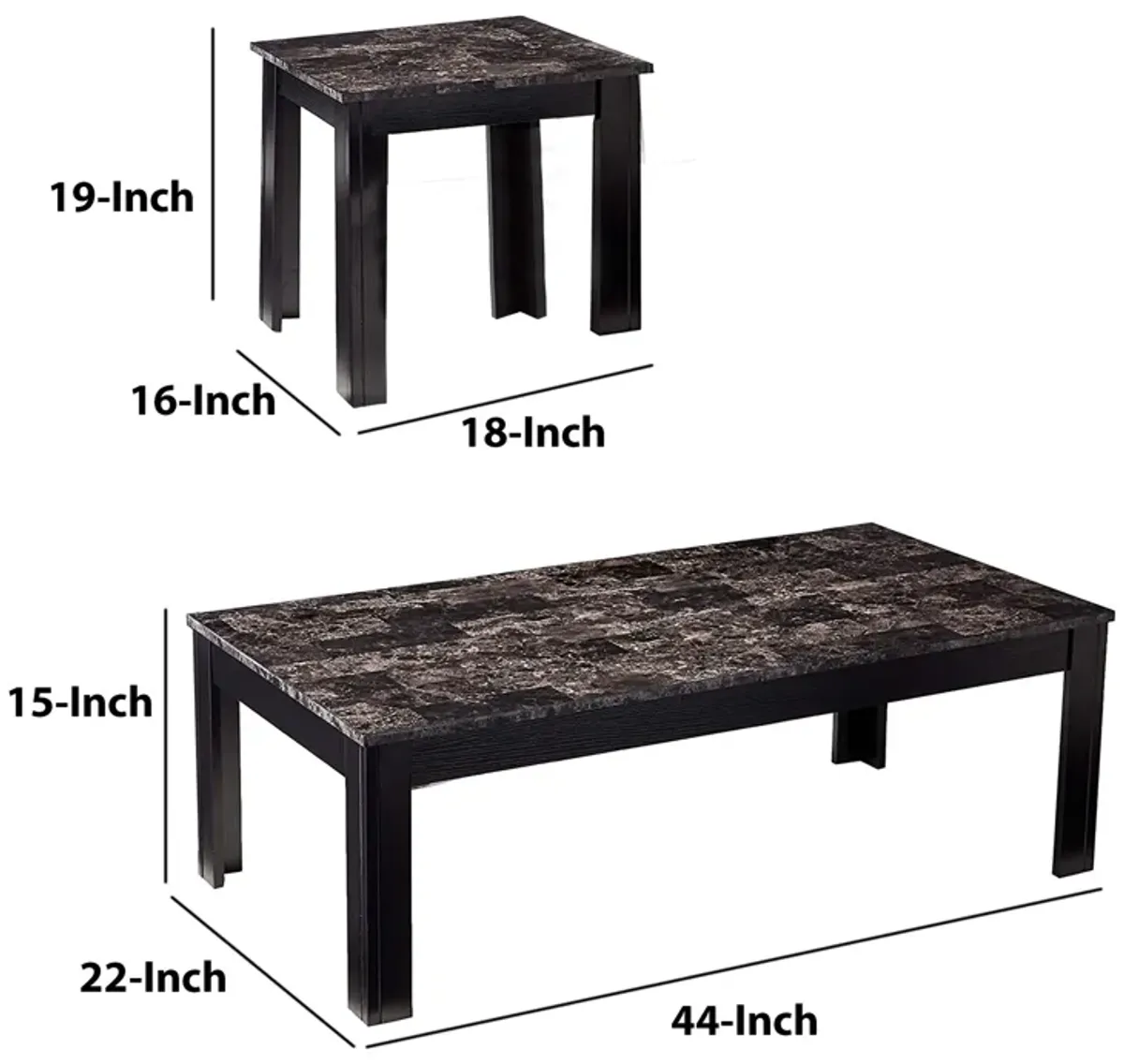 Impressive 3 piece occasional table set with marble top, black-Benzara