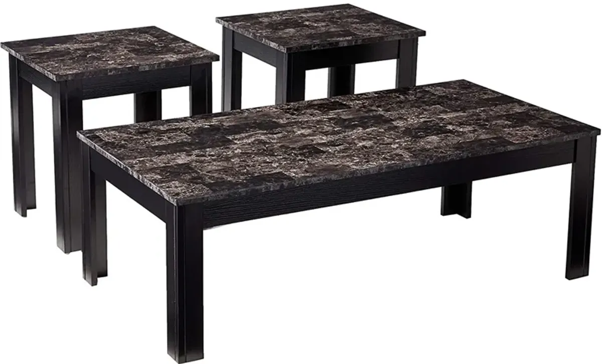 Impressive 3 piece occasional table set with marble top, black-Benzara