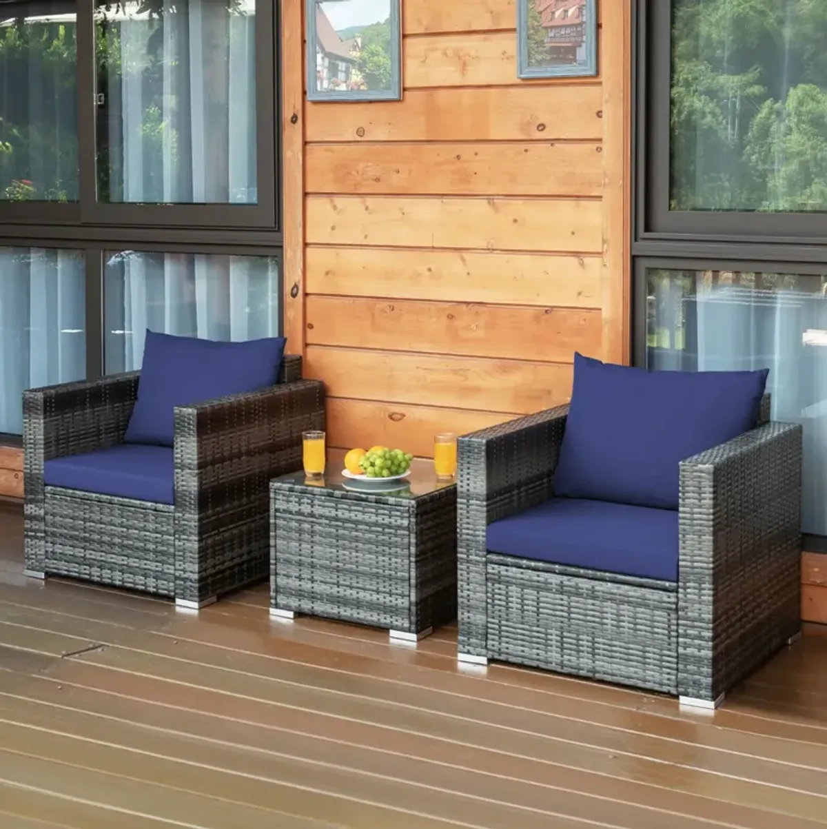 3 Pieces Patio Rattan Furniture Bistro Sofa Set with Cushioned