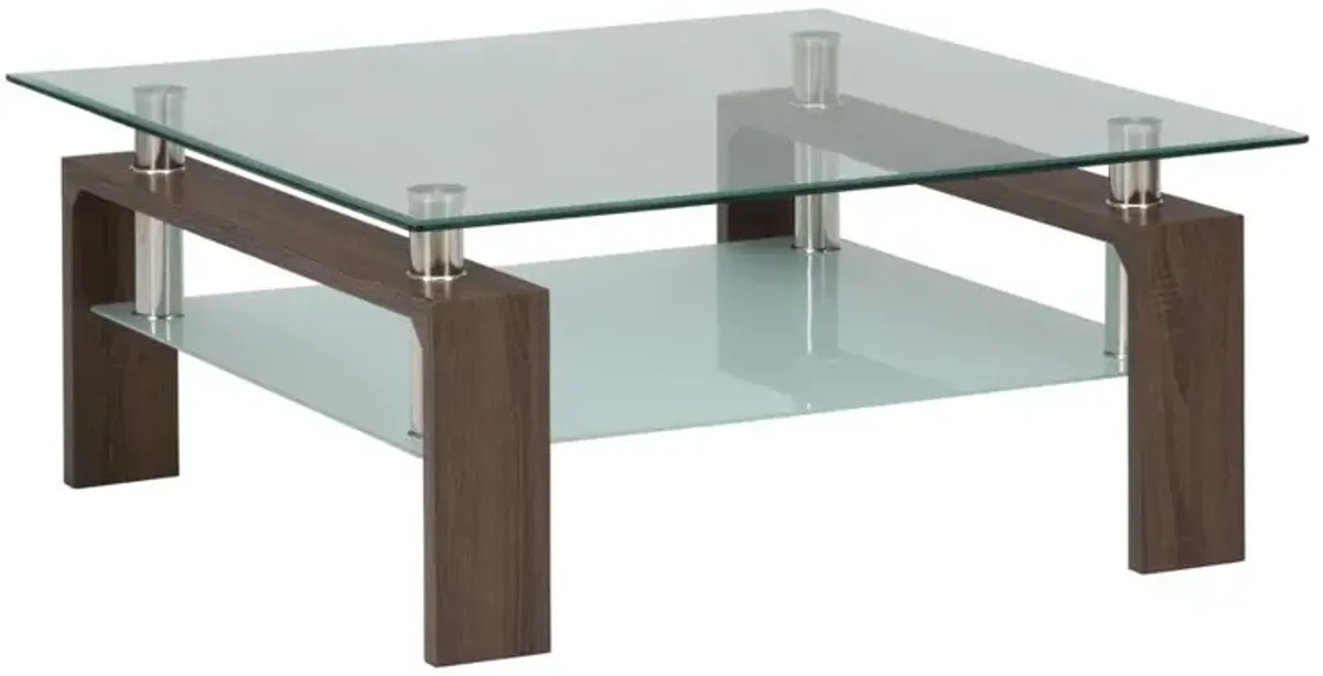 Jofran Compass Clear Modern Glass Square 38 Coffee Table, Brown Wood and Glass