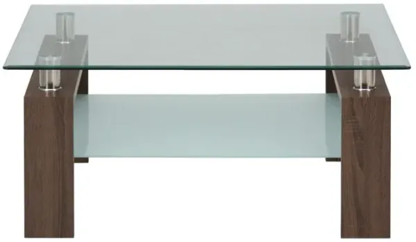 Jofran Compass Clear Modern Glass Square 38 Coffee Table, Brown Wood and Glass