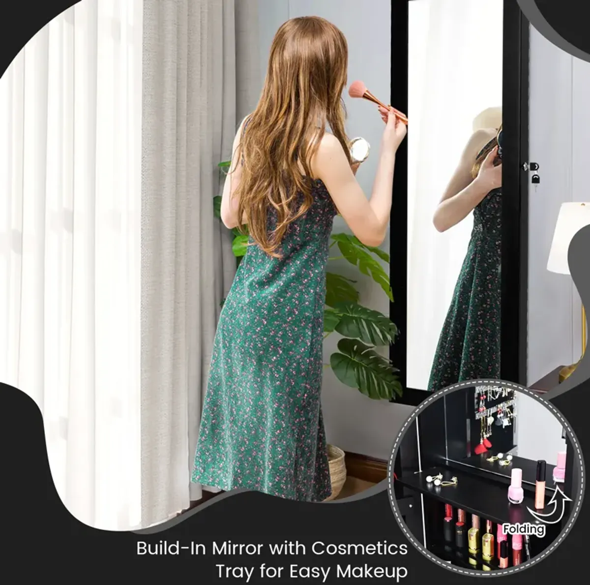 Lockable Wall Door Mounted Mirror Jewelry Cabinet w/LED Lights