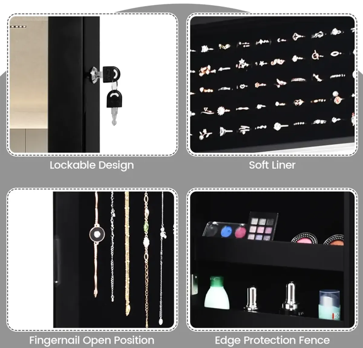 Lockable Wall Door Mounted Mirror Jewelry Cabinet w/LED Lights