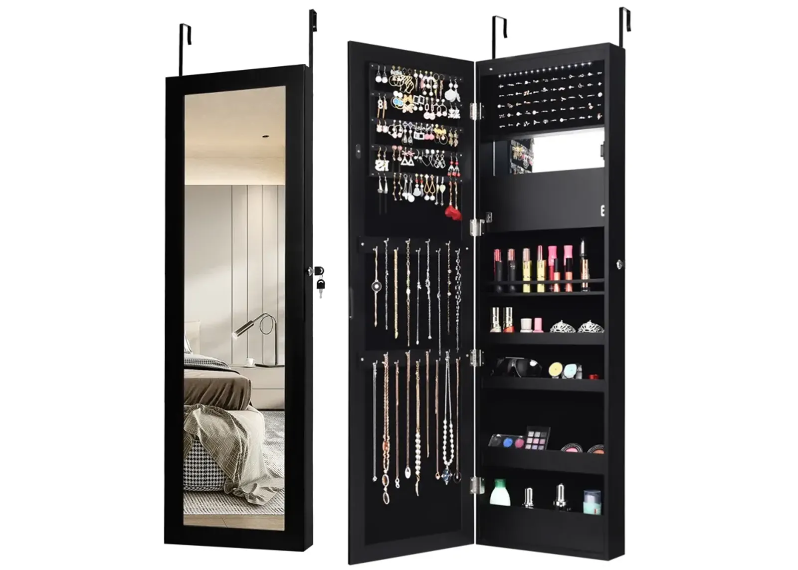 Lockable Wall Door Mounted Mirror Jewelry Cabinet w/LED Lights