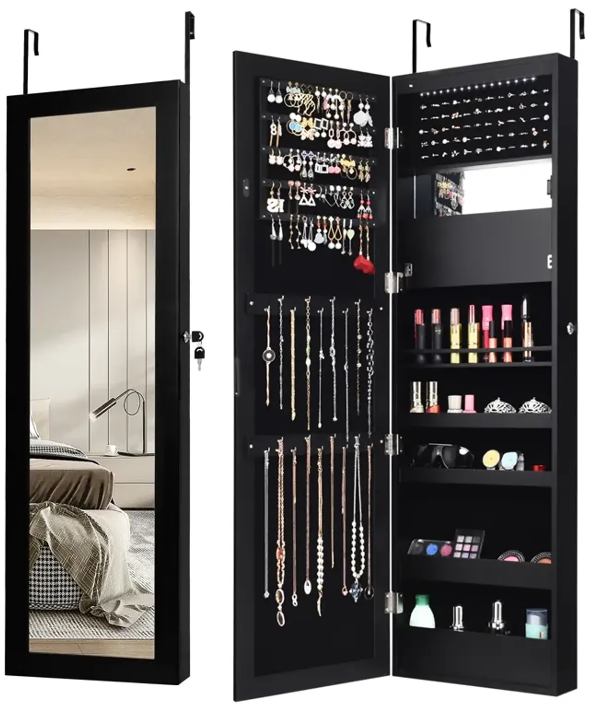 Lockable Wall Door Mounted Mirror Jewelry Cabinet w/LED Lights