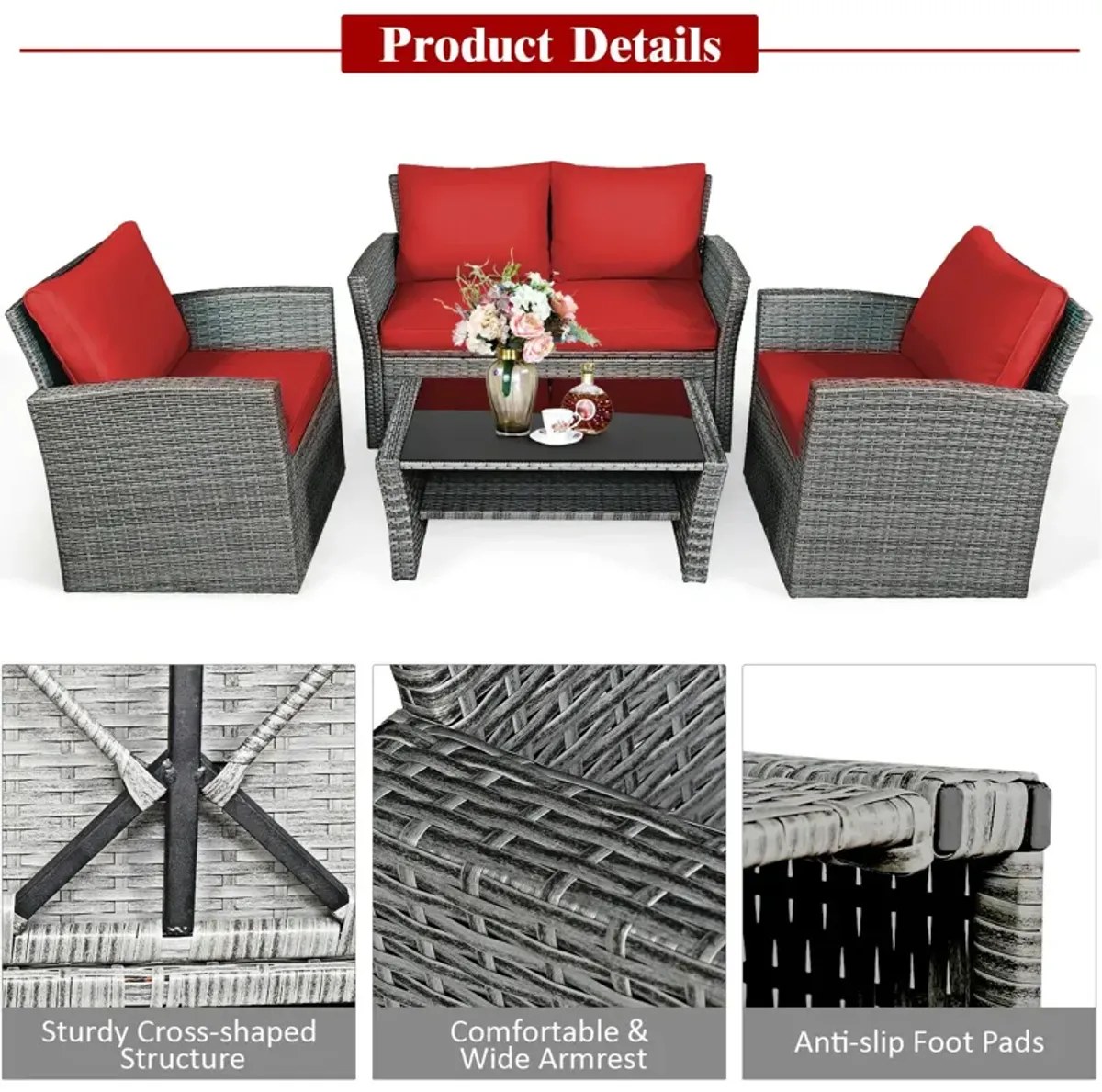 4 Pieces Patio Rattan Furniture Set Sofa Table with Storage Shelf Cushion