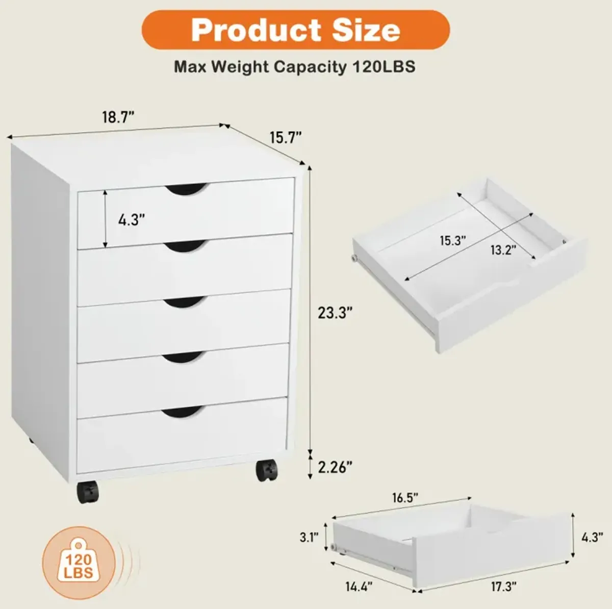 5 Drawer Chest with Mobile Wheels