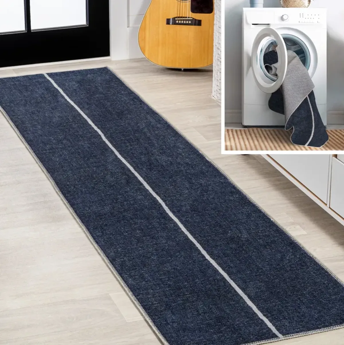 Linja Solid Centre Stripe Machine Washable Area Rug