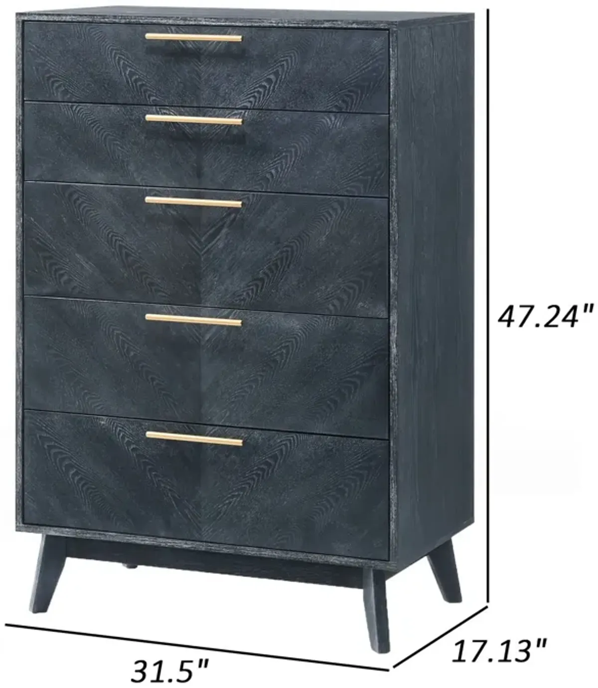 Cid Coy 47 Inch Tall Dresser Chest, 5 Drawer, Gold Metal, Ash Gray Wood - Benzara