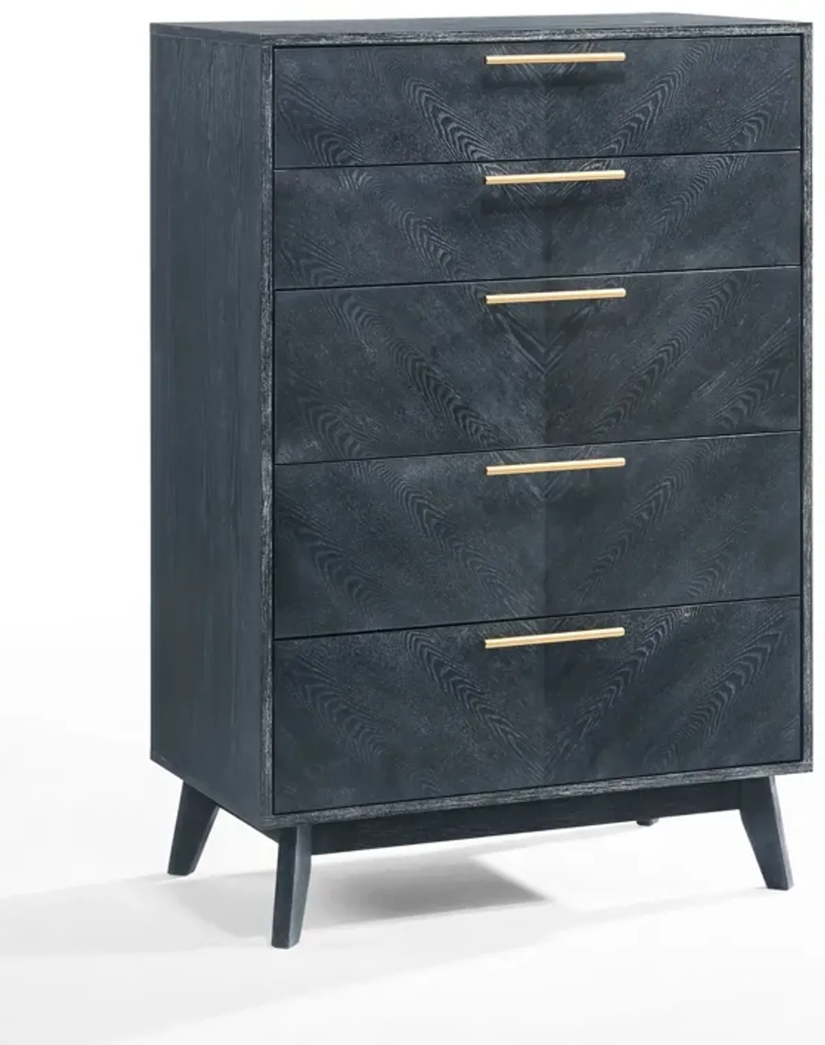 Cid Coy 47 Inch Tall Dresser Chest, 5 Drawer, Gold Metal, Ash Gray Wood - Benzara