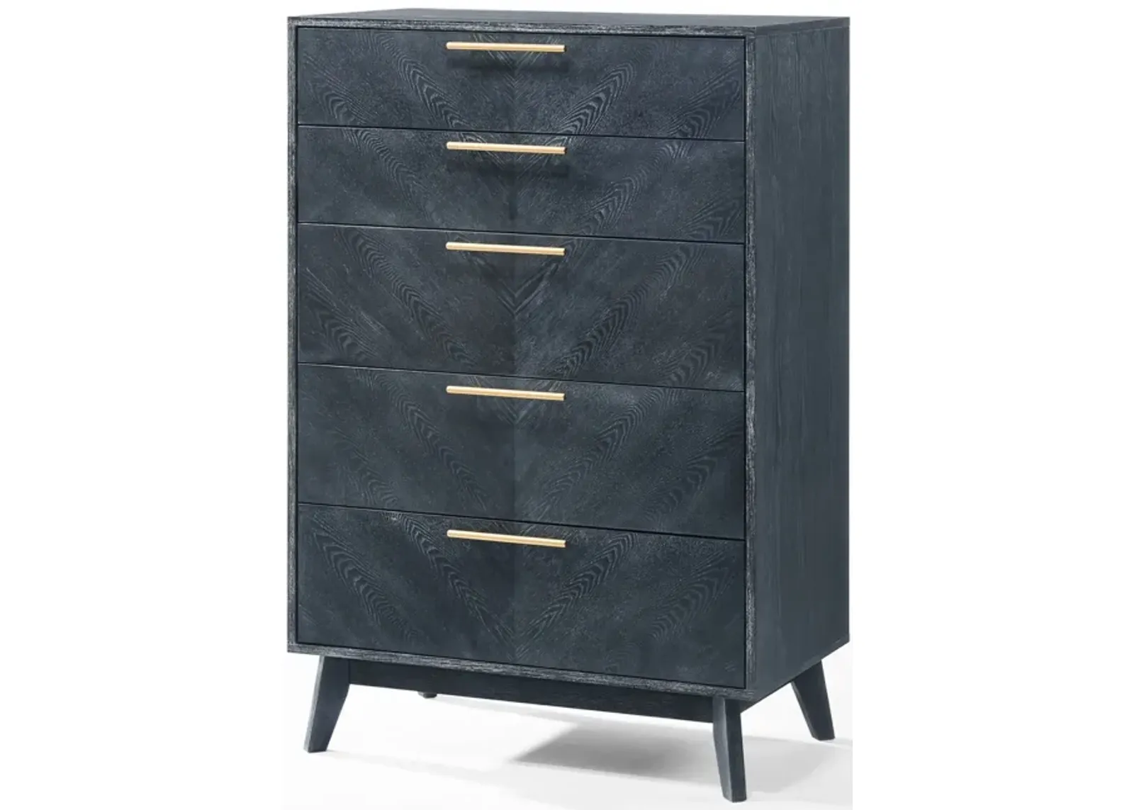 Cid Coy 47 Inch Tall Dresser Chest, 5 Drawer, Gold Metal, Ash Gray Wood - Benzara