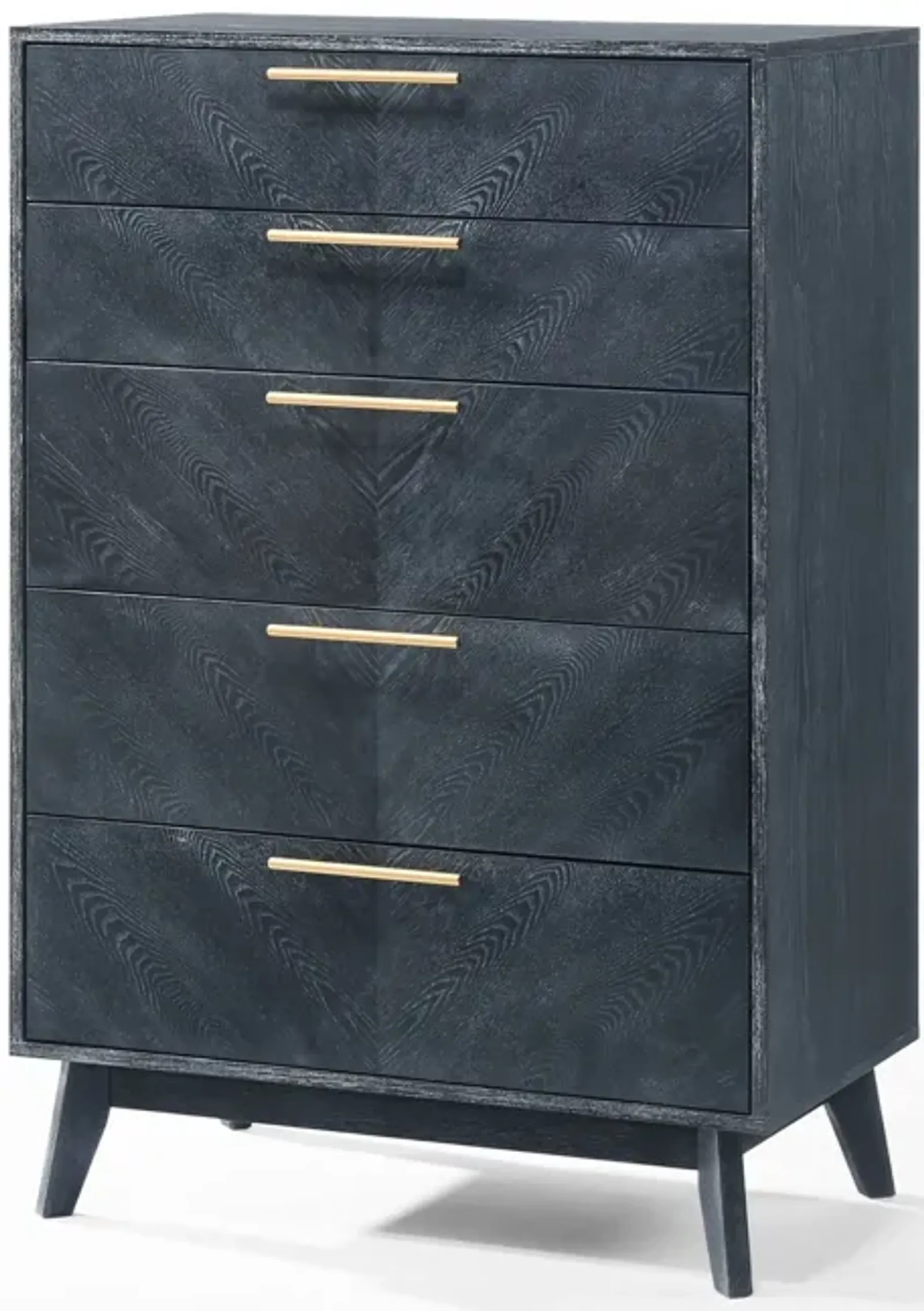 Cid Coy 47 Inch Tall Dresser Chest, 5 Drawer, Gold Metal, Ash Gray Wood - Benzara