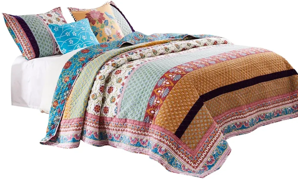 Sama 5 Piece Reversible Full Quilt Set, Floral Print Patterns, Multicolor - Benzara