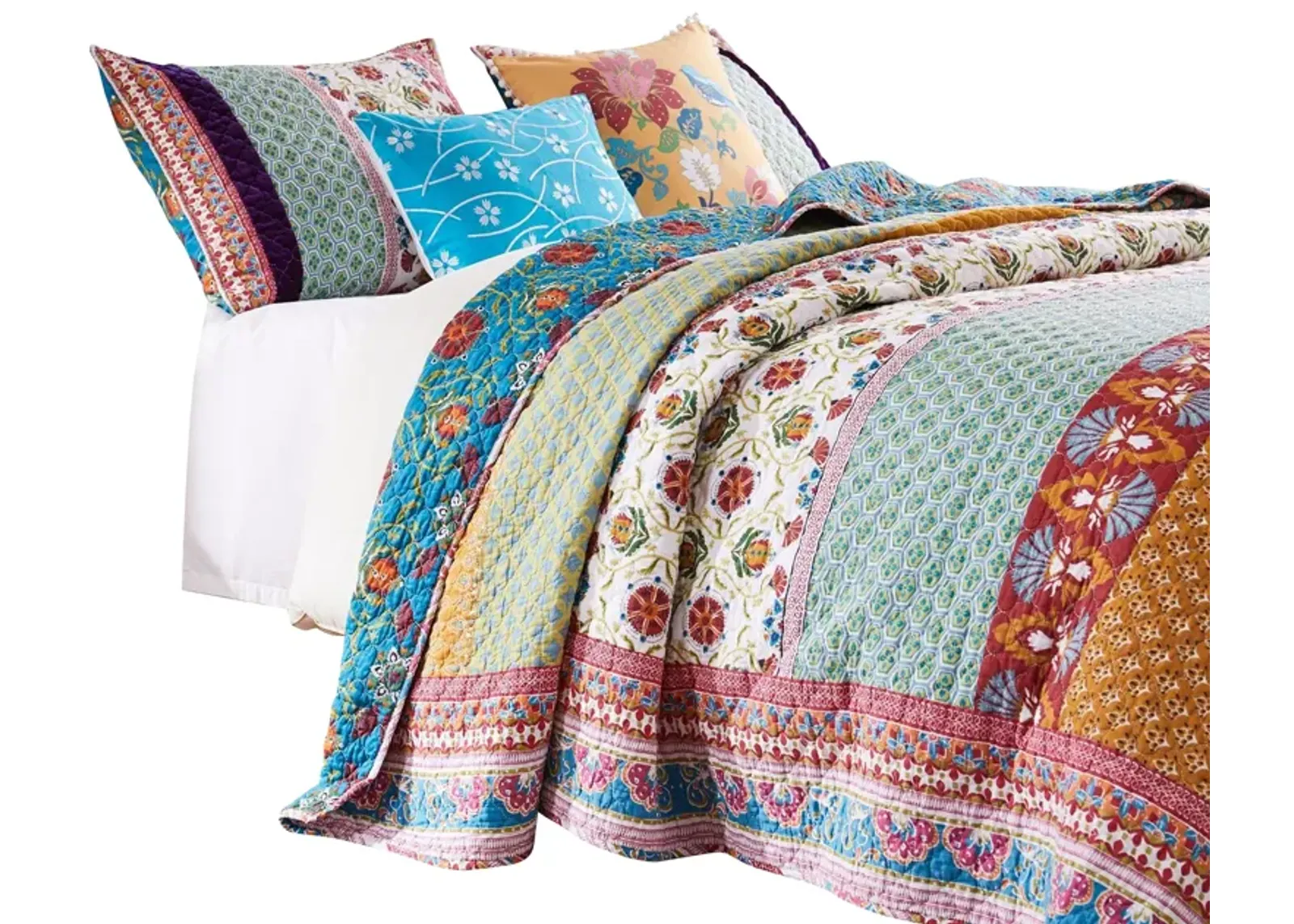 Sama 5 Piece Reversible Full Quilt Set, Floral Print Patterns, Multicolor - Benzara