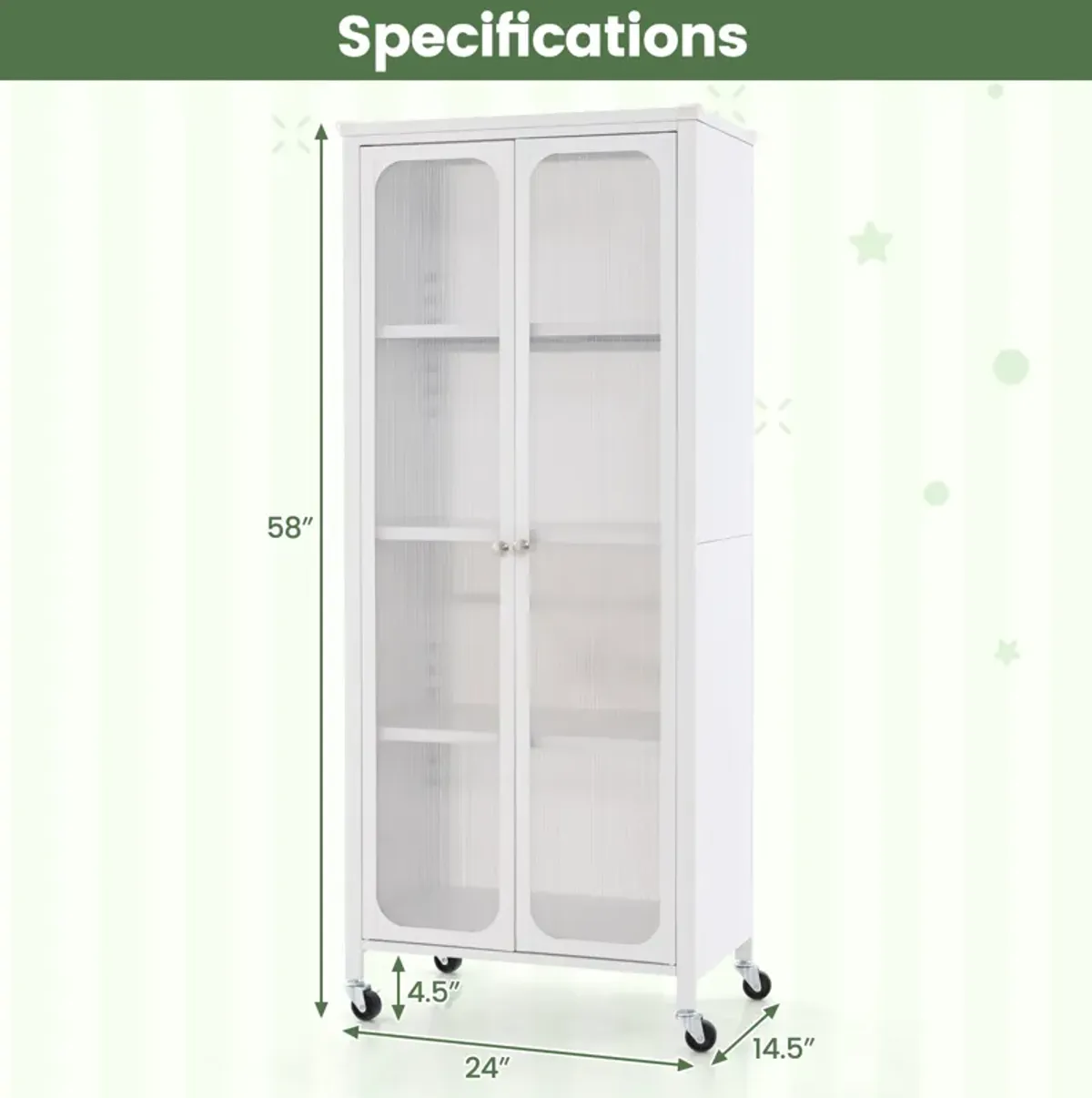 Glass Doors Storage Cabinet with Wheels and Adjustable Shelves